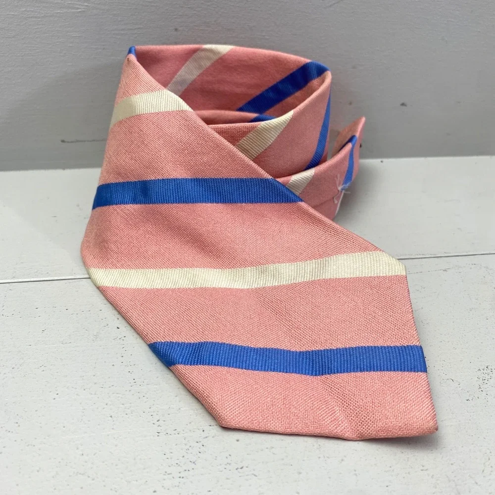 Brooks Brothers Makers Necktie Tie Pink Blue Cream Silk Rep Stripe USA Preppy